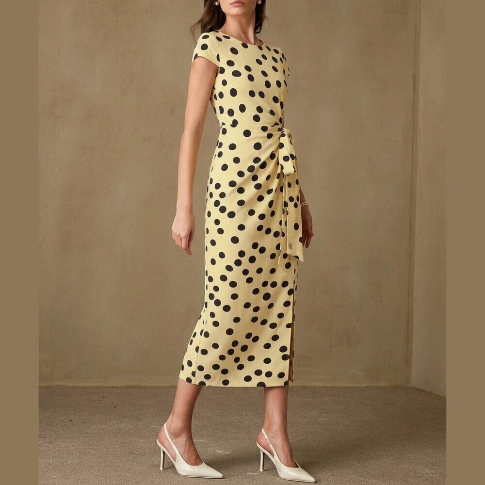Yellow Polka Dot Tie Waist Cap Sleeve Midi Dress